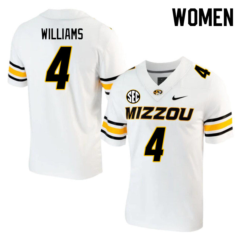 Women #4 Jalani Williams Missouri Tigers College 2023 Football Stitched Jerseys Sale-White - Click Image to Close